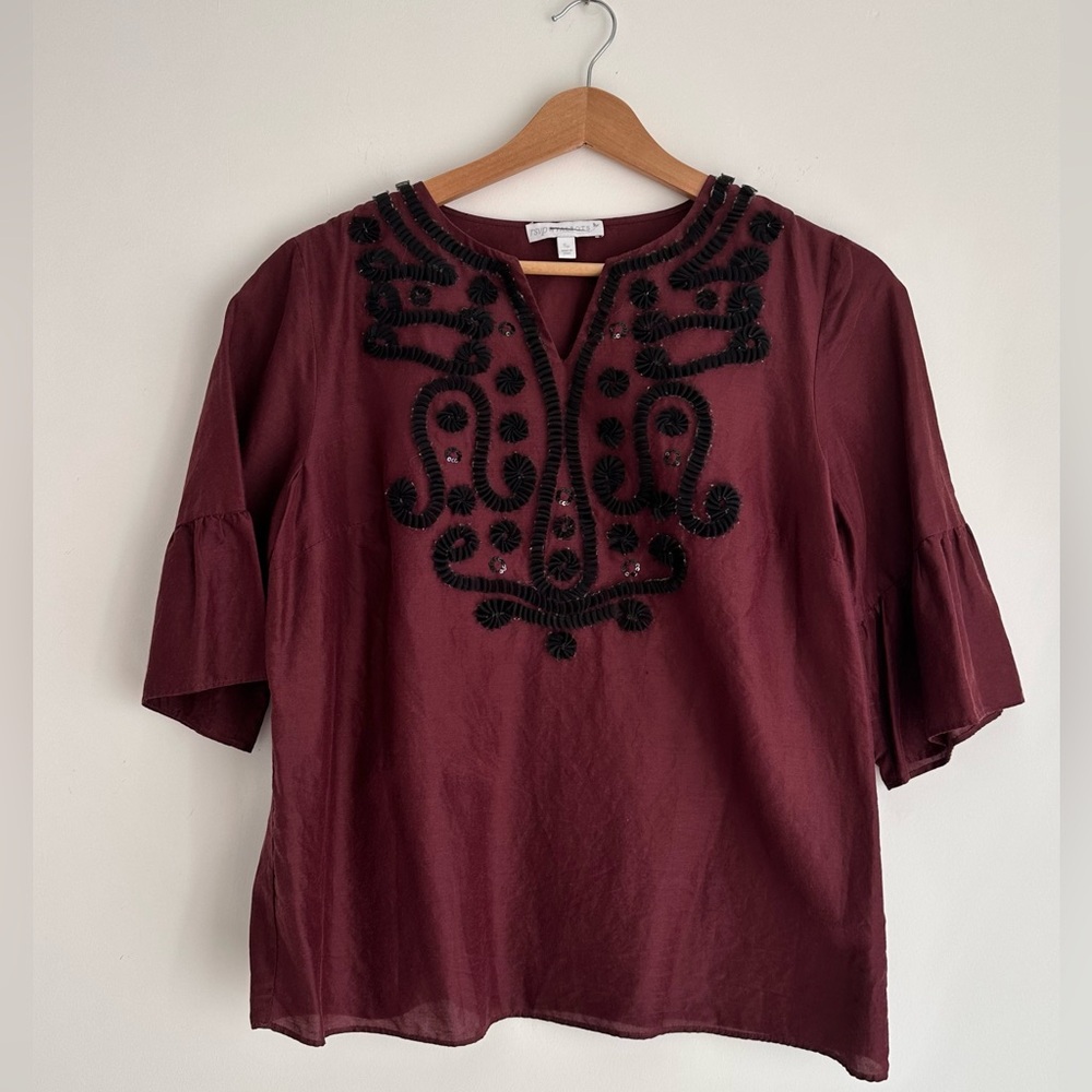 Talbots Burgundy Blouse with Black Embroidery